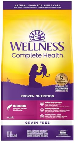 Wellness Complete Health Adult Dry Cat Food for Indoor Cats, Natural, Grain Free Kibble, Salmon and Herring Meal Recipe, 5.5 lb Bag