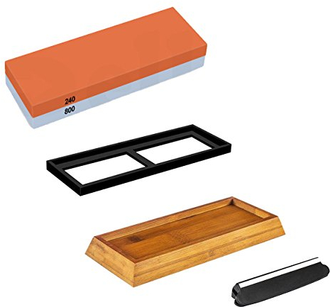 NUZAMAS Pierre à aiguiser de qualité supérieure - Grain 2 côtés 240/800 - Pierre à aiguiser pour couteaux de cuisine - Base antidérapante et guide d'angle inclus