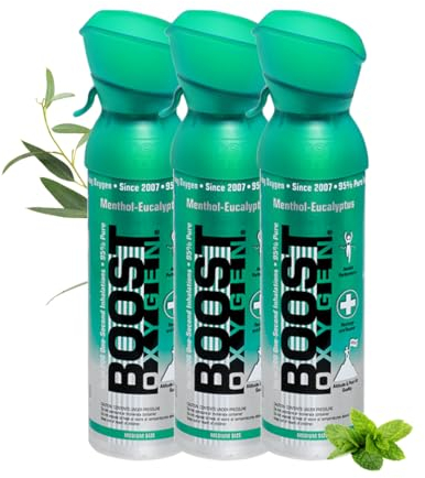 Boost Oxygen Sauerstofflasche für Unterwegs mit 95% Sauerstoff - 15L,3x5L Sauerstoffdose mit Sauerstoffmaske für mehr als 300 Inhalationen - mobiler Sauerstoff Inhalator (Menthol-Eukalyptus Geschmack)