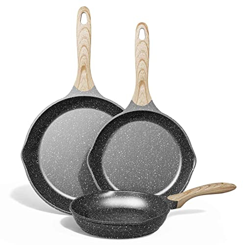 JEETEE Sartén antiadherente sartén de piedra antiadherente sartén de tortilla antiadherente con mango suave al tacto juego de utensilios de cocina de 3 piezas 8 pulgadas 9.5 pulgadas 11 pulgadas