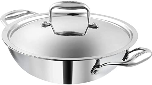 Vinod Extra Deep Platinum Tri Ply Kadai Wok Saucepan Induction Friendly Fry Pan for Home & Kitchen with Riveted Handles Stainless Steel Top Lid, 20cm, (1.5 LTR)