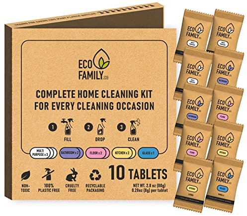 Eco Family, Household Cleaning Tablets 10pcs - 3x Multipurpose, 2x Bathroom, 1x Glass, 2x Kitchen Degreaser, 2x Floor, Eco Friendly Plastic Free Non-Toxic Cruelty-Free, Just Add Water