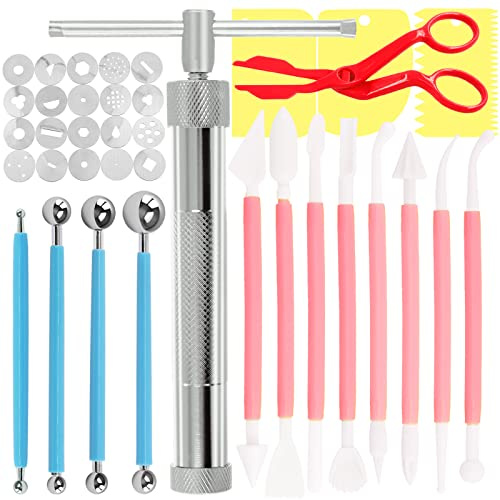 Swpeet 36 st silverlera extruderare pistol fondant sockerpasta extruderare lera tårta skulpturpistol, boll stylus prickverktyg med plastskrapa, tårtdekorationstillbehör modelleringsverktyg
