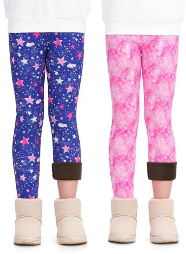 Auranso 2 Packs Girls Fleece Lined Thermal Leggings Winter Warm Pants 4-12Y | Cute printed, thick tight warm trousers, suitable for school and everyday use, easy machine wash