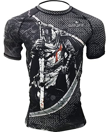 Gruff Combat BJJ Rash Guards Grappling MMA Jiu Jitsu No Gi UFC Shirt Fight Wear, Short Sleeves, Knight Silver, Medium