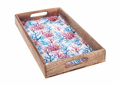 ORIGEN Plateau de service, Bois de Manguier et Thème Corail, Bleu et Rouge, L 38 cm.