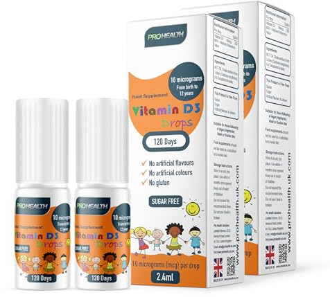 ProHealth Preservative-Free Vegan Vitamin D3 Drops for Infants & Children - Sugar-Free, All-Natural, NHS Approved (4-Month Supply, 2-Pack)