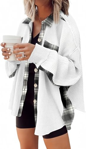 SHEWIN Womens Waffle Knit Plaid Shacket Button Down Shirts Jacket Boyfriend Shirts Long Sleeve Tops Fall Clothes for Women 2025 White S