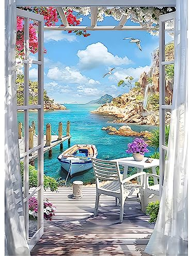 DPHERO DIY Landschaft Diamant Painting Bilder für Erwachsene Kinder,5D Meerblick Diamond Painting Set,DIY Strass Bilder Tür Diamant Kunst Kits,Runde Steine Diamant Painting Zuhause Dekor 30x40cm