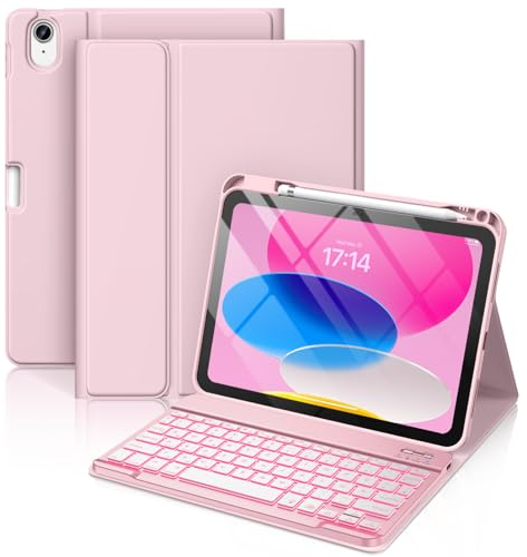 Vobafe Hülle mit Tastatur für iPad A16 11/10 Generation (2025/2022, 11/10.9 Zoll)- 7 Farben Beleuchtete Magnetische Abnehmbare Keyboard Schutzhülle mit Stifthalter für iPad 11. /10. Gen, Hellrosa
