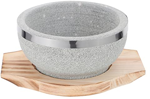 Ciieeo Cuenco De Piedra con Base De Madera 7 Pulgadas para Bibimbap Y Cocina Coreana Bol De Cocina Resistente Al Fuego para Sopa Y Arroz Ideal para Comidas Caseras