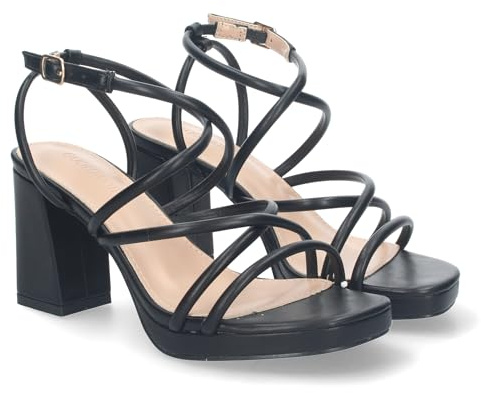 shoes&blues.es Sandalias de Mujer de Fiesta, con Tiras entrecruzadas con Brillantes, Tacon Cuadrado Metalizado y Cierre de Hebilla Ajustable