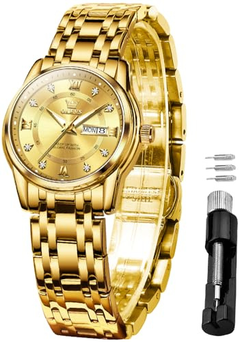 OLEVS Womens Watches Chronograph Luxury Diamond Dress Quartz Wrist Watches Stainless Steel Waterproof Luminous, 5513L:Gold band & Gold dial, Elegant