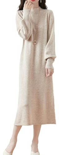 Ailaile - Vestito in maglia in 100% lana merino, da donna, con colletto alto, maniche a lanterna, invernale, autunnale, lungo, M
