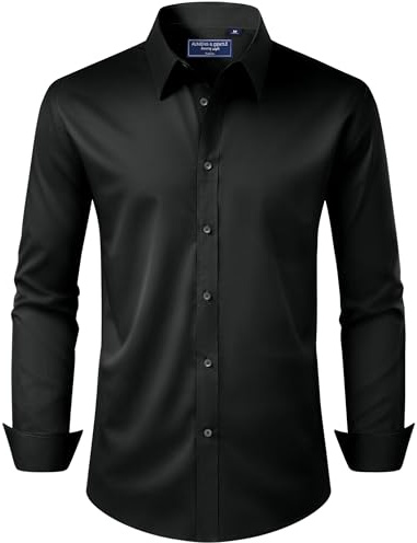 Alimens & Gentle Button Down Shirt Men Regular Fit Stretch Stain Shield Long Sleeve Solid Business Wedding Button Up Shirt,Black,Medium