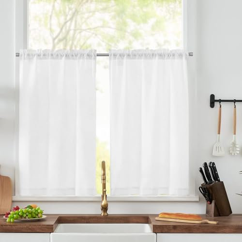 2 Pezzi Tende Corte per Finestre,Traspirante Tende Cucina a Vetro, Colore Puro Tende da Bistrò, Tende da Cucina Opache Bistro Tenda per Piccole Finestre, Mezza Cortina Oscurante, Bianco, 65 x 60 cm