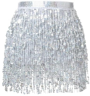 Zwenjuan Pailletten Fransenkleid Damen Bauchtanz Gürtel,Chiffon Hüfttuch Bauchtanz Paillettenrock, Damen-Paillettenrock,Fransen,Rave-Kostümrock für Frauen und Mädchen