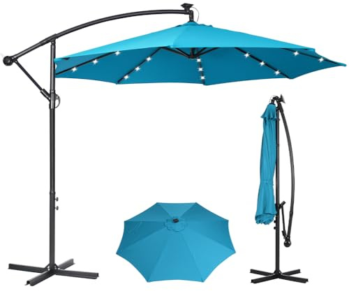 Panana 3M Cantilever Garden Parasol with Solar LED Lights, Outdoor Banana Hanging Umbrella with Crank and Tilt, UV Protection Sun Shade Canopy Offset Parasol for Pool, Deck, Patio, Balcony Light Blue