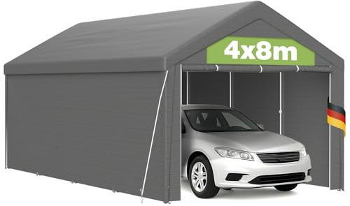 Carport Tente Garage 4x8 m Très Spacieux, Acier Galvanisé et Bâche PE Haute Densité 200g/m², Anti-UV Imperméable, Parois Amovibles, Stockage Temporaire pour Voitures Matériel Fête - Gris
