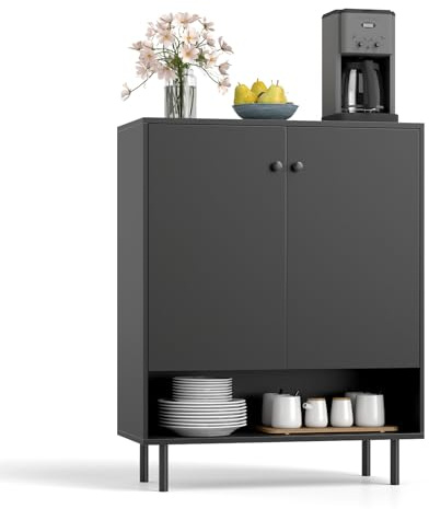 COSTWAY Aparador Buffet, Armario de Cocina de 2 Puertas con Estante Ajustable en 5 Posiciones y Kit Antivuelco, Mueble de Bar Moderno para Comedor y Sala de Estar, 75 x 35 x 95 cm (Negro)