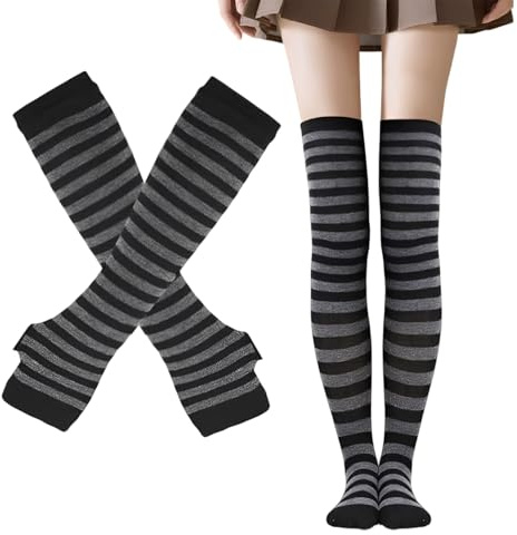 Damen Gestreifte Kniestrümpfe, Thigh Highs Socken Lange Strickhandschuhe Socken Set für Party Kostüm (DE/NL/SE/PL, Alphanumerisch, Einheitsgröße, Regular, Regular, Schwarz und Grau Gestreift)
