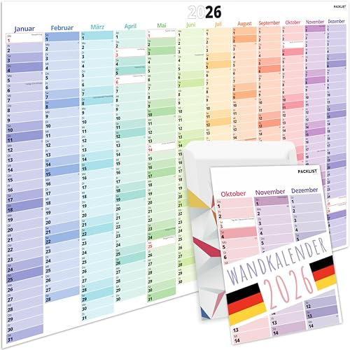 PACKLIST® Calendario da parete 2026, grande, formato XXL, DIN A1, 84 x 60 cm, calendario annuale 2026, calendario da parete, calendario annuale 2026, piegato in formato poster, agenda da parete 2026