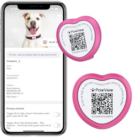 PawView QR-kod hundtaggar UK 2-pack – husdjurs-ID-bricka med NFC vattentät silikon hjärtbricka för förlorad husdjursåterhämtning – ingen GPS behövs, ingen prenumeration eller avgifter (rosenröd)