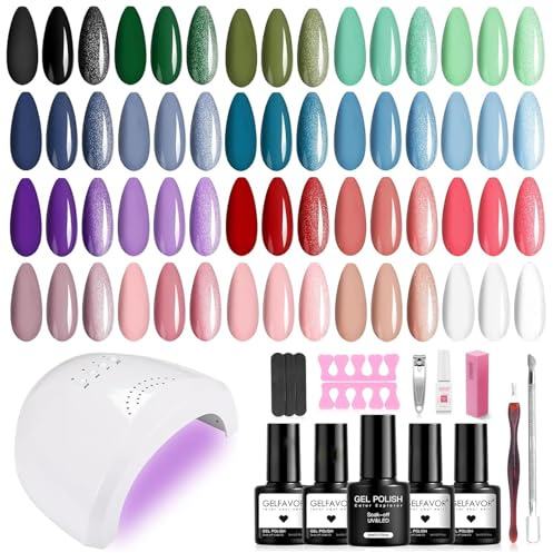 GELFAVOR Kit Uñas Semipermanentes con Lámpara 48W, 20+4 Piezas Verde Azul Violeta Rojo Rosa Colores Esmaltes en Gel, Uñas Semipermanente Kit Completo Regalos Principiantes
