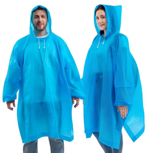 DZTSMART 2 stycken regnponcho festival, full ärm regnjacka dam, regnrock herr, vattentät poncho, EVA bärbar unisex regncape för överlevnad, cykel, vandring, camping, stadion, blå, one size