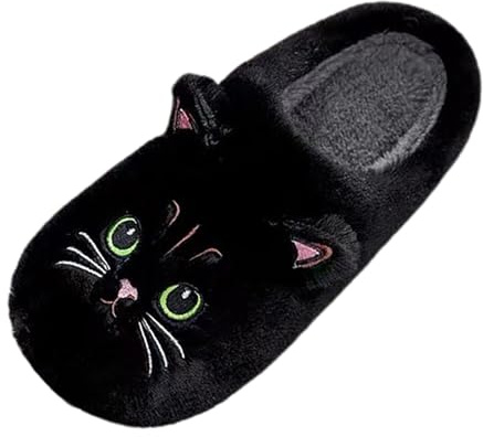 Generisch Coppia E Inverno Cotone Pantofole Gatto Cartoon Donna Ciabatte 2025 Morbido Peluche Con Memory Foam Ciabatte In Pelle d'agnello, Nero , 43 EU