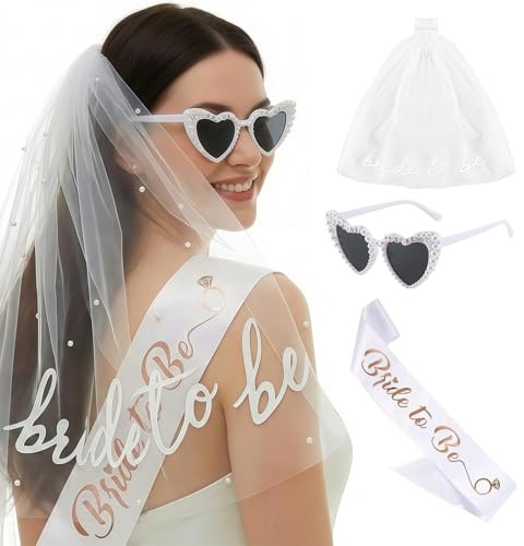 Vesavifaka JGA Accesorios Mujeres, 3 Piezas Velo Banda para la Novia, Gafas de Sol Corazón Perlas, Decoración para Novia, JGA Decoración Mujeres para Fiesta de Boda Despedida de Soltera