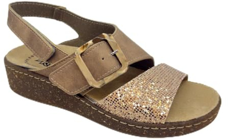 3Rose 391 Sandalo Donna in Ecopelle e Glitter - Doppia Regolazione con Fibbia e Cinturino - Calzata Personalizzabile con Comfort Anatomico - Con Plantare Estraibile in Pelle (Cipria, 36)