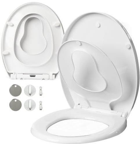 LIVIVO Family Soft Close Toilet Seat White - Toilet Seat Soft Close with Detachable Child Training Seat, One Button Quick Release, Adjustable Hinges & Non-Slip Pads for Family Bathrooms
