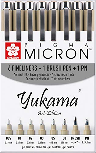 Yukama Sakura Pigma Art-Edition 8er-Set: 6 Micron Fineliner, 1 Brush Pinselstift, 1 PN Stift, Schwarz