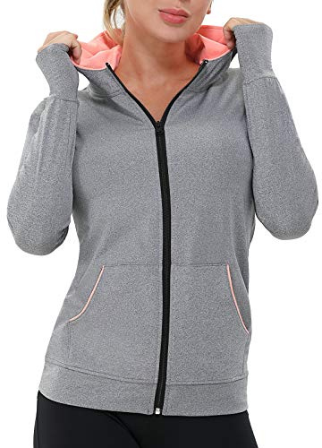 AMZSPORT Damen Laufjacke Sportjacke Langarm Trainingsjacke Sweatjacke mit Tasche Für Yoga Fitness Grau XL