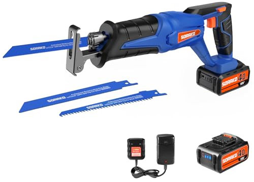 SORAKO Reciprocating Saw, 0-3000SPM Variable Speed Electric Saw with 4.0Ah Capacity, 2 PCS Saw Blades, 20mm Stroke Length, Ideal for PVC and Metal Cutting