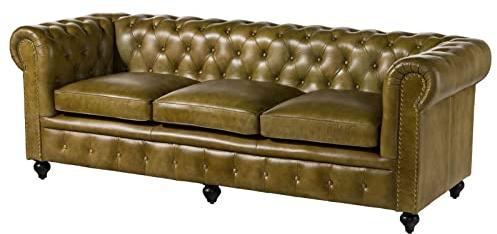 MASSIVMOEBEL24.DE | Chesterfield Sofa 3-Sitzer aus Echtleder #303 | aus echtem Büffel-Leder - Grün | 216x82x75 cm | mit Nieten | Couch Polstercouch 3er Sitzer