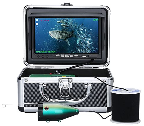 MOUNTAINONE Cámara de Pesca Submarina DVR, Monitor LCD de 7 Pulgadas HD 1080P Buscador de Peces Impermeable Cámara 15M para Pescar en Hielo, Lago y Pesca en Barco 16GB (15M, 7 Inch)