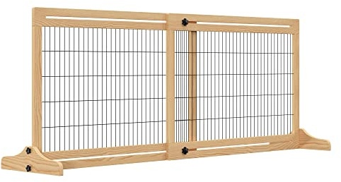 PawHut Freestanding Dog Gate, Foldable Pet Fence, Indoor Wood Barrier, Stair Gate with Support Feet, for Doorway, Hallway, Small and Medium Dogs, 69H x 104-183 cm, Natural Wood Finish