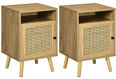 HOMCOM Set 2 Comodini per Camera da Letto, 2 Comodini Piccoli in Legno, Stile Boho, con Armadietto e Ripiano Aperto, per Camera da Letto, Soggiorno, 39x35x60 cm, Colore Legno