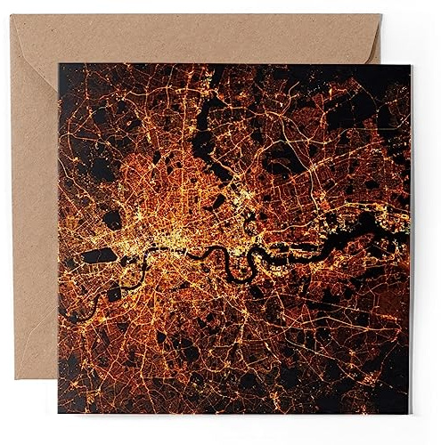 1 tarjeta de felicitación, mapa nocturno de luces de la ciudad de Londres, Inglaterra, en blanco, celebración de cumpleaños, aniversario #53040
