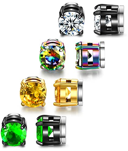 SIISPRI 4 Pairs Stainless Steel Magnetic Stud Earrings for Men Women Hypoallergenic Inlaid Cubic Zirconia Unisex Non-Piercing Clip On Stud Diamond Earrings Set