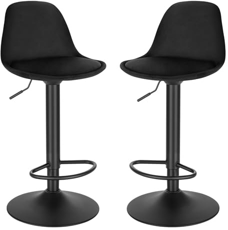 EUGAD Juego de 2X Taburete de Bar Giratorio, con Altura Ajustable Entre 60,5 y 82 cm, Taburete de Cocina, Estructura Metal, con Respaldo y Reposapies, Negro, Terciopelo