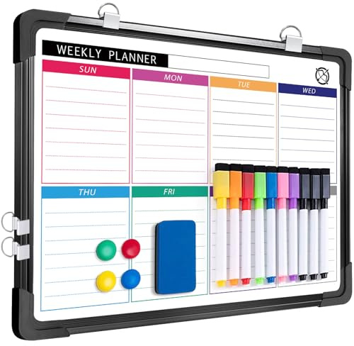 ARCOBIS Weekly Planner White Board for Wall, 30 X 40cm Small Hanging Magnetic Whiteboard Calendar, Double-Sided Dry Erase to Do List Board for Planning, Memo, Message (Black Frame)