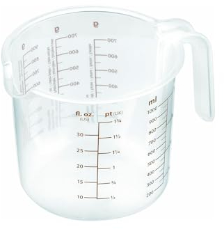 Avilia Jarra graduada con boquilla vertedora y mango. Dosificador multifunción para líquidos y sólidos, escala en gramos y litros, sin bisfenol A, lavable en lavavajillas, de plástico, 1 litro