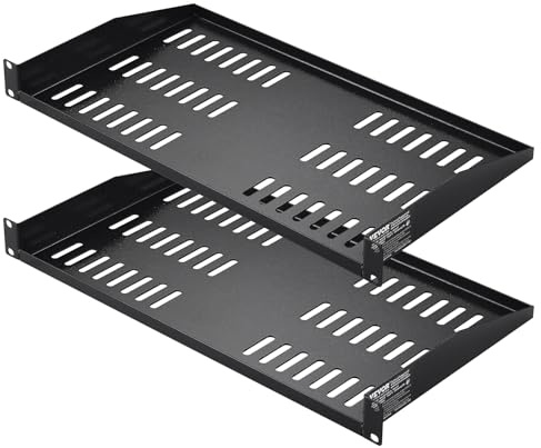 VEVOR 2 st 1U serverhylla, 254 mm djup, 50 kg maximal lastkapacitet ventilerad konsol eller väggmonterad rackmontering hylla med bricka, bra luftcirkulation för 19 tums nätverksskåp eller