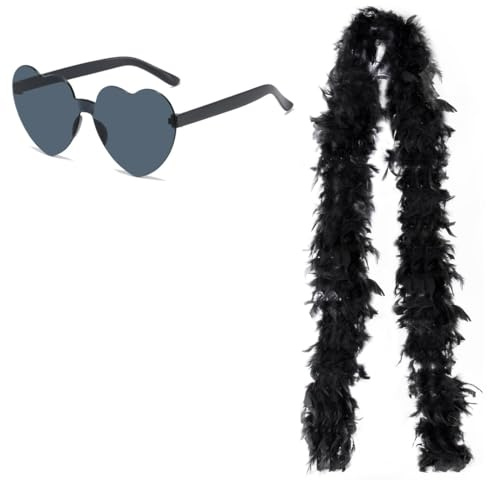 NHP Boa de Plumas Con Gafas de Sol Sin Marco,2 M Plumas Negras para Disfraz,Boa Plumas Esponjosa,Bufanda Plumas Negras,Boas de Plumas para Fiestas,para Fiesta de Disfraces de Boda,Carnaval,Halloween