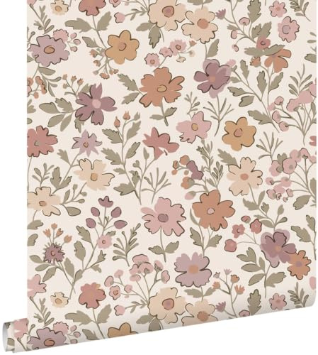 ESTAhome tapet blommor mauve lila, grågrönt och terrakottaröd 53 cm x 10.05 m