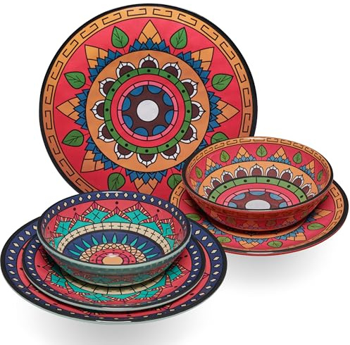 Melamin Geschirr Set Toskana Deep für 2 Personen - 6 Teile - Rot-Grün - Mandala-Optik Spülmaschinengeeignet Essgeschirr Campingzubehör Campinggeschirr Wohnwagen Camping Festival Picknick Gartenparty