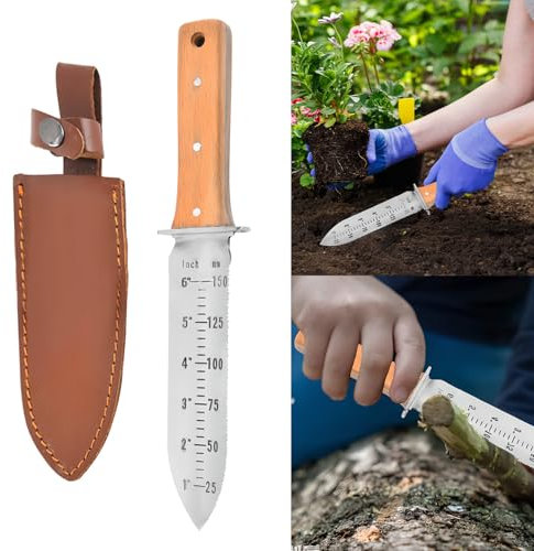 Coltello da giardinaggio 3 in 1, spatola da giardino in acciaio inox, pala seghettata resistente, pala a mano, pala per piante per il controllo delle erbacce e piantagione precisa di bulbi